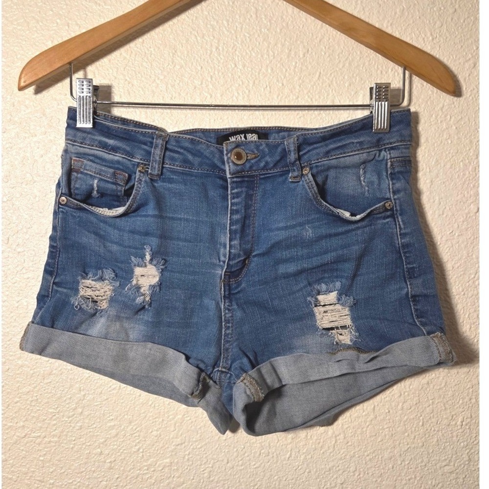 Wax Jean Distressed Denim Shorts Womens Medium Light Wash Cuffed Stretch